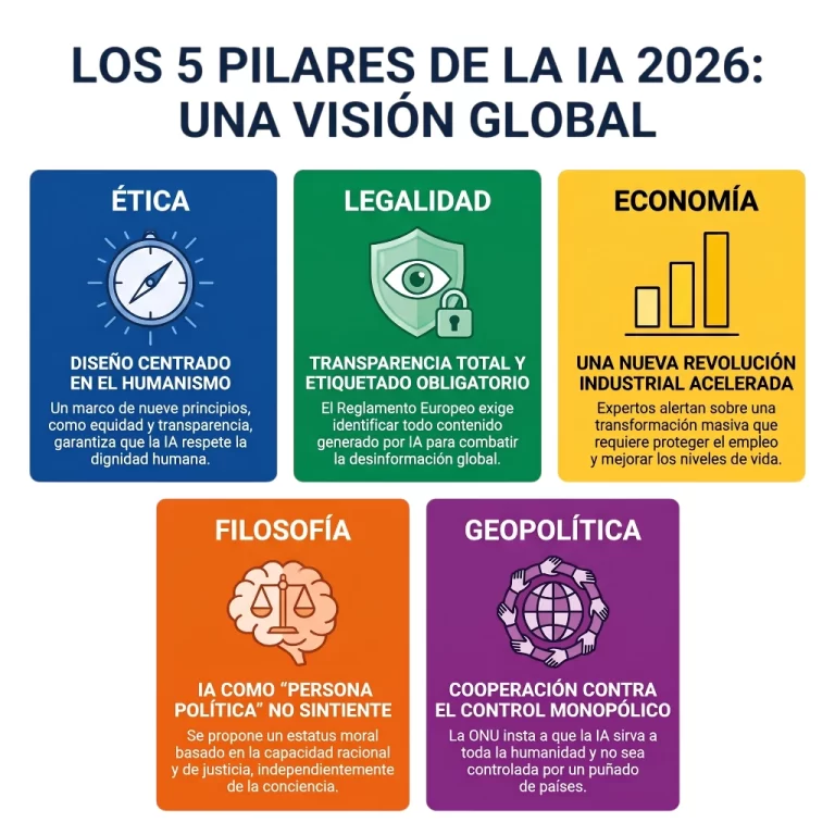 Infografía que representa los cinco pilares de La Gran Declaración de la Inteligencia Artificial 2026 ética, legalidad, economía, filosofía y geopolítica.